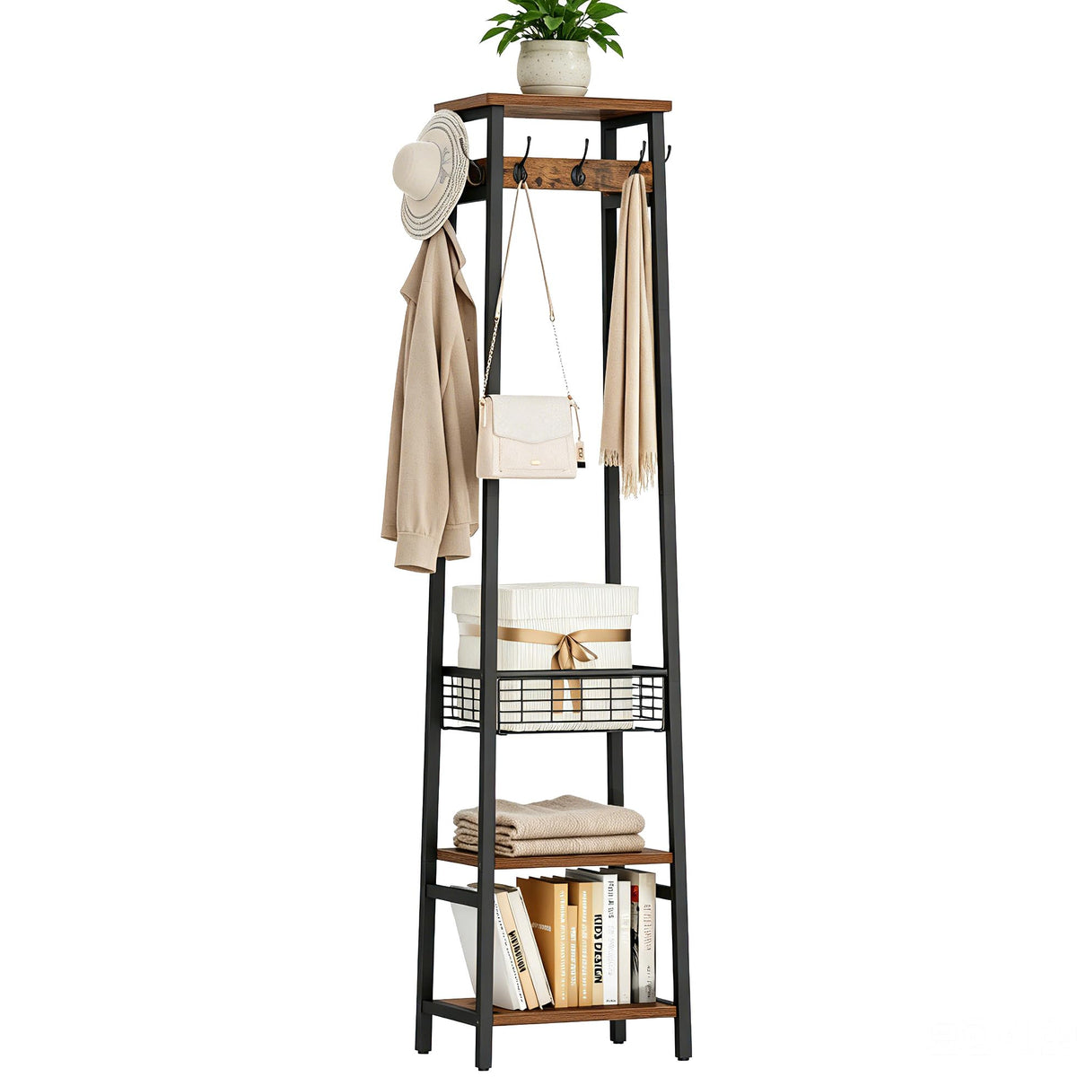 Freestanding Coat Rack with Metal Basket, 2 Shelves and 7 Hooks