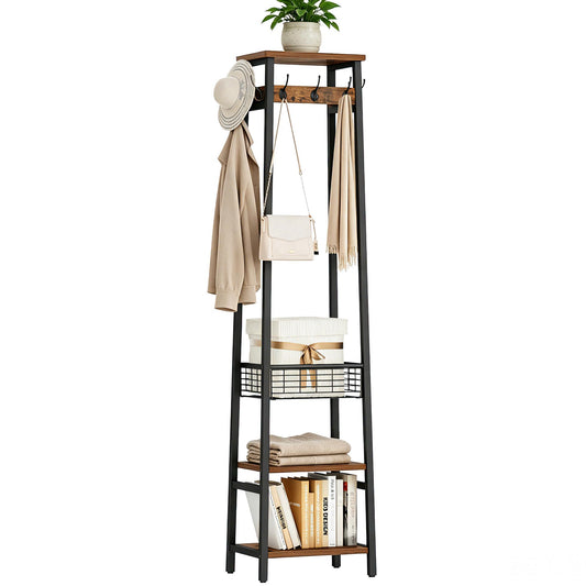 Freestanding Coat Rack with Metal Basket, 2 Shelves and 7 Hooks