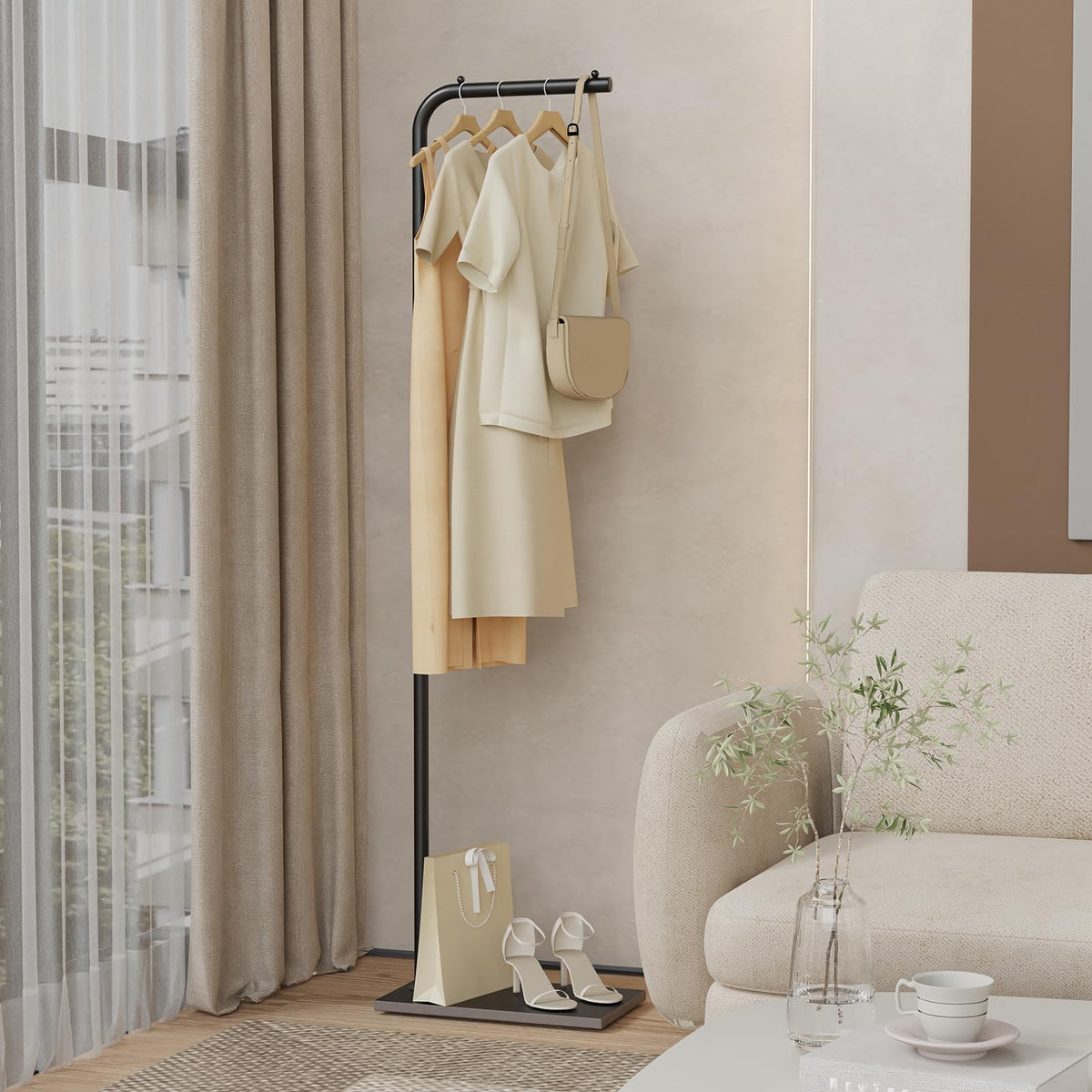 L Shaped Coat Stand with Stone Base, 70.8 Inch, Black