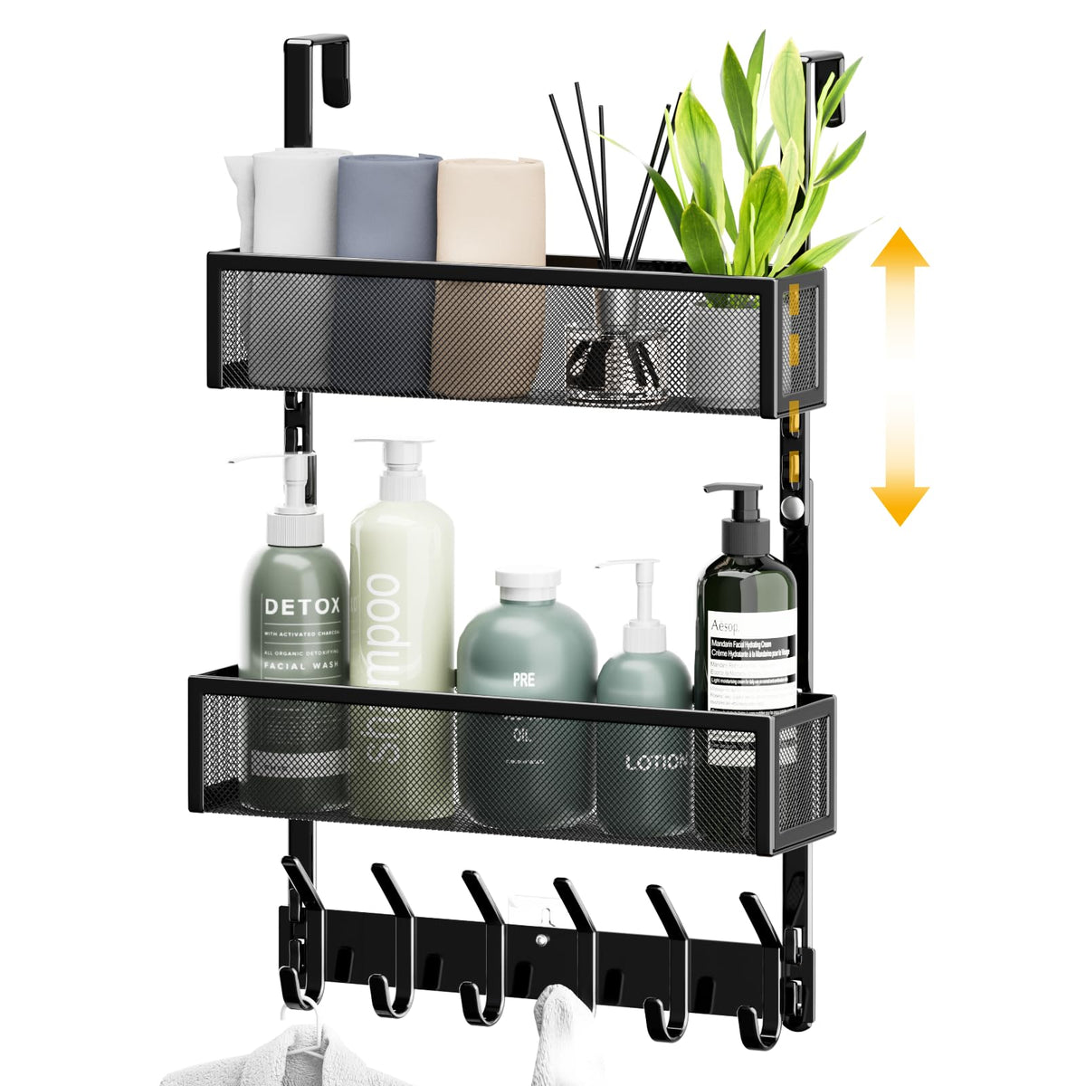 Black Over the Door Organizer with 2 Adjustable Baskets and Hooks