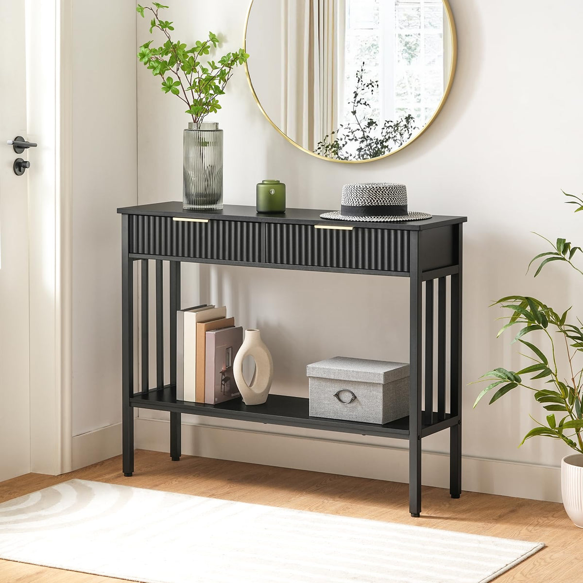 Fluted Console Table with 2 Drawers, 39.4 Inch, Black