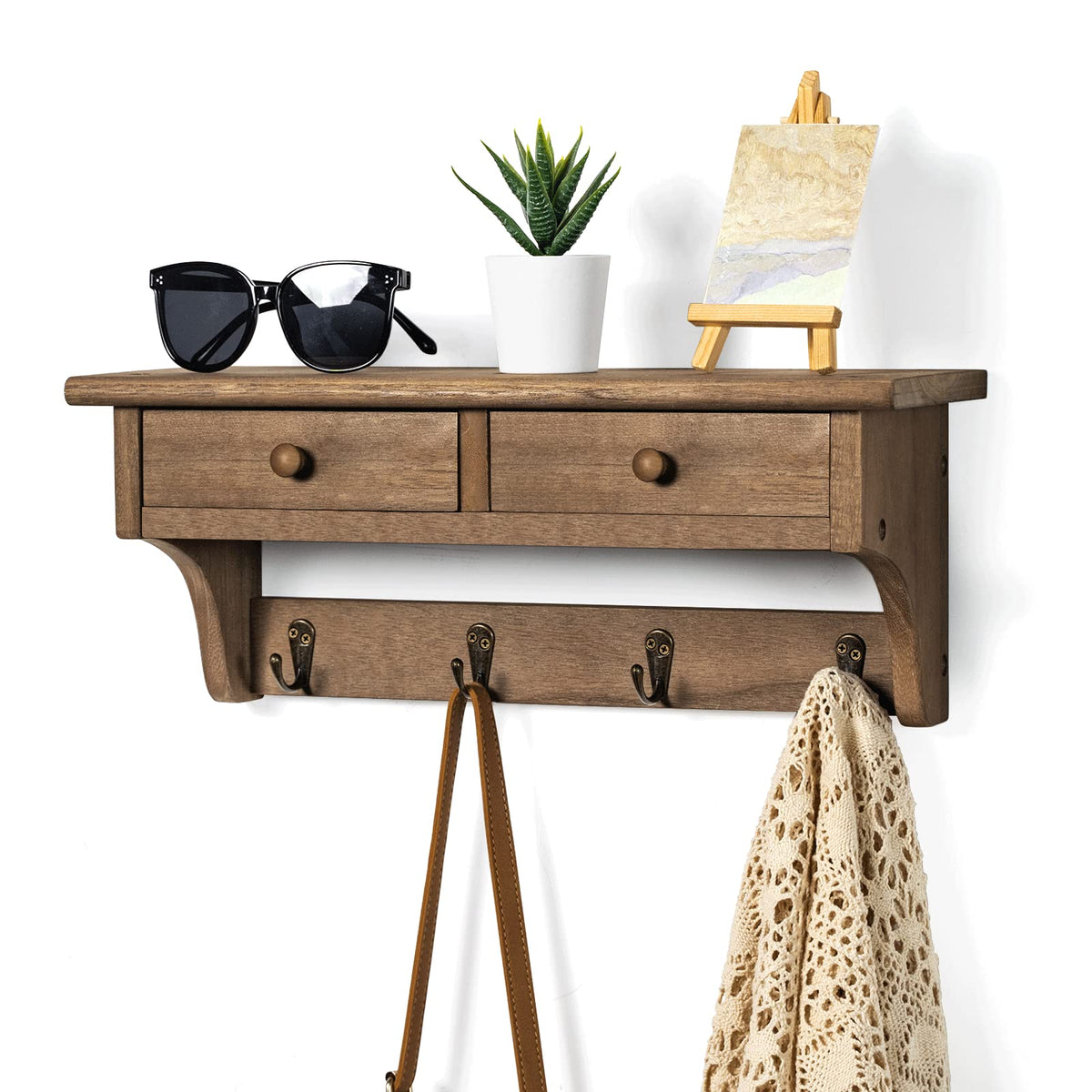 Walnut Wall Shelf with Bronze Coat Hooks, 17 Inch