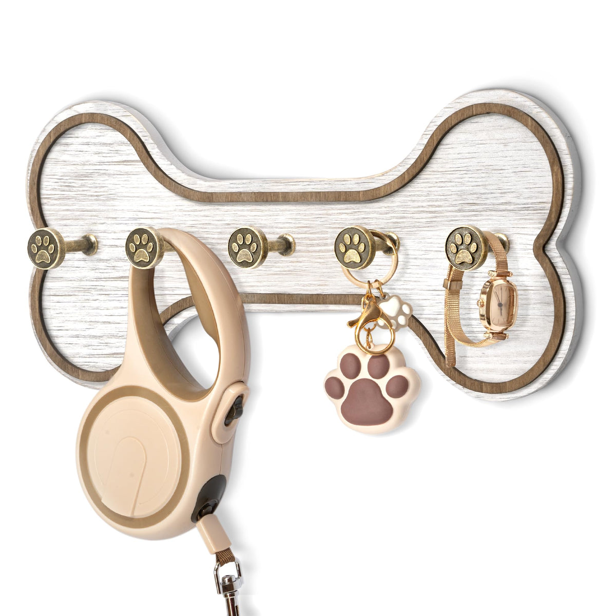 Dog Bone Wall Hook Rack with 5 Paw Hooks, Distressed White Wood