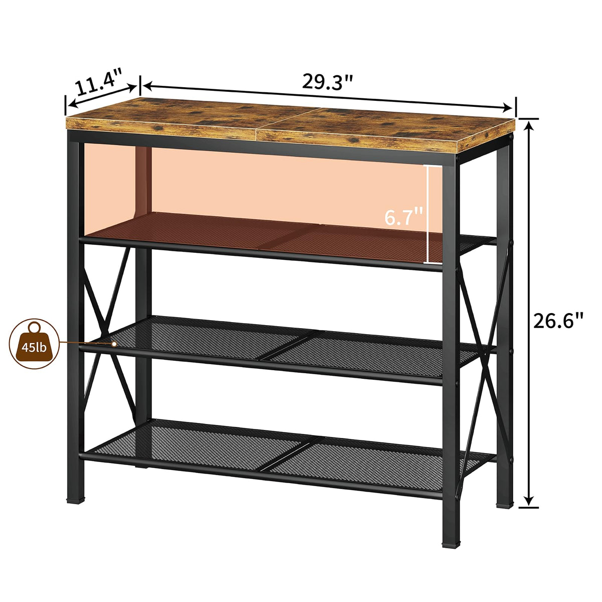 4 Tier Shoe Shelf with Rustic Brown Wood Top, Metal Frame