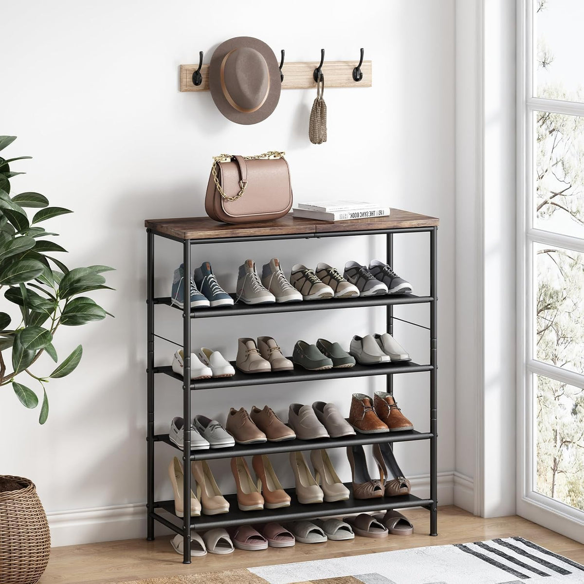 5 Tier Metal Shoe Rack with Wood Top, Black and Rustic Brown