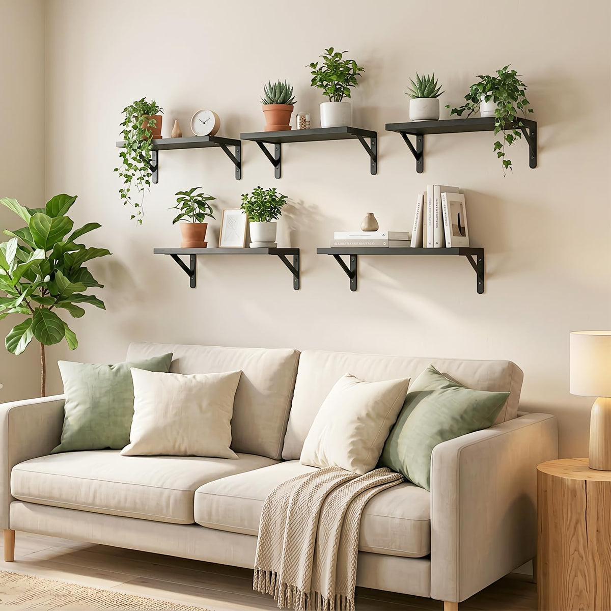 Black Floating Shelves, Set of 5, 16.5 Inch Wood Wall Shelves