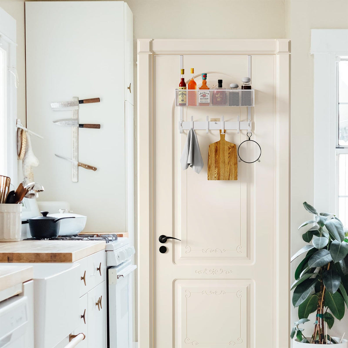 White Over the Door Hook Rack with Mesh Basket and Wreath Hangers