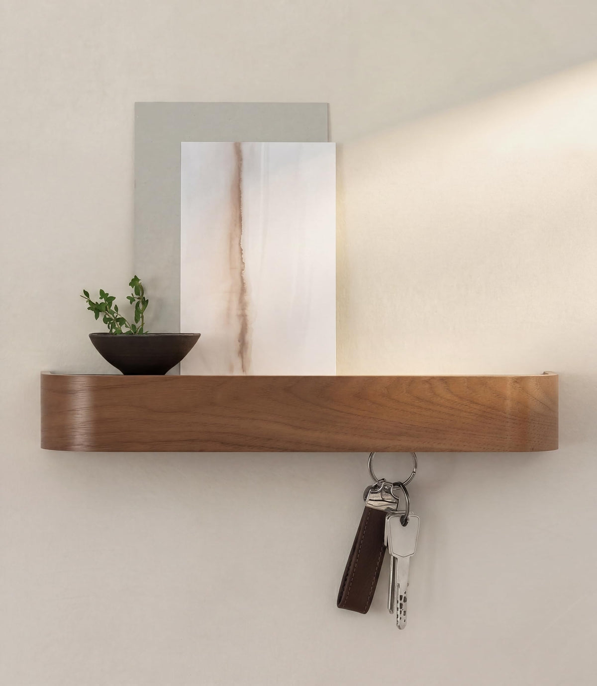 Walnut Wall Key Rack with Top Shelf, 8 Hidden Hooks, 12.9 Inch