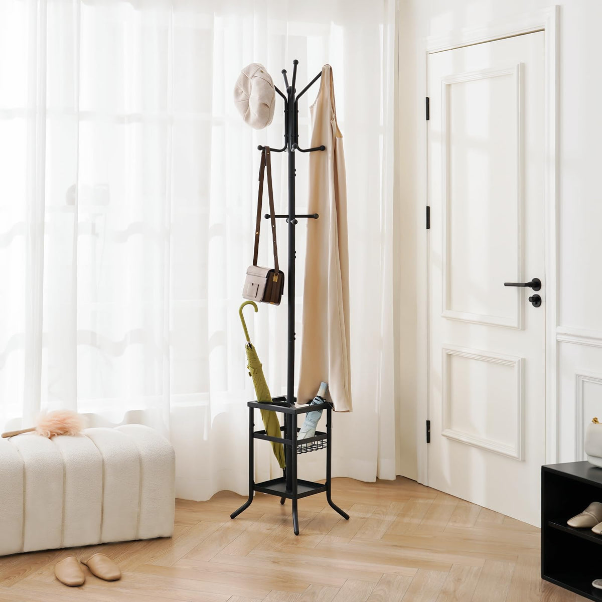 Metal Coat Tree with Umbrella Holder and 12 Hooks, Freestanding Coat Rack