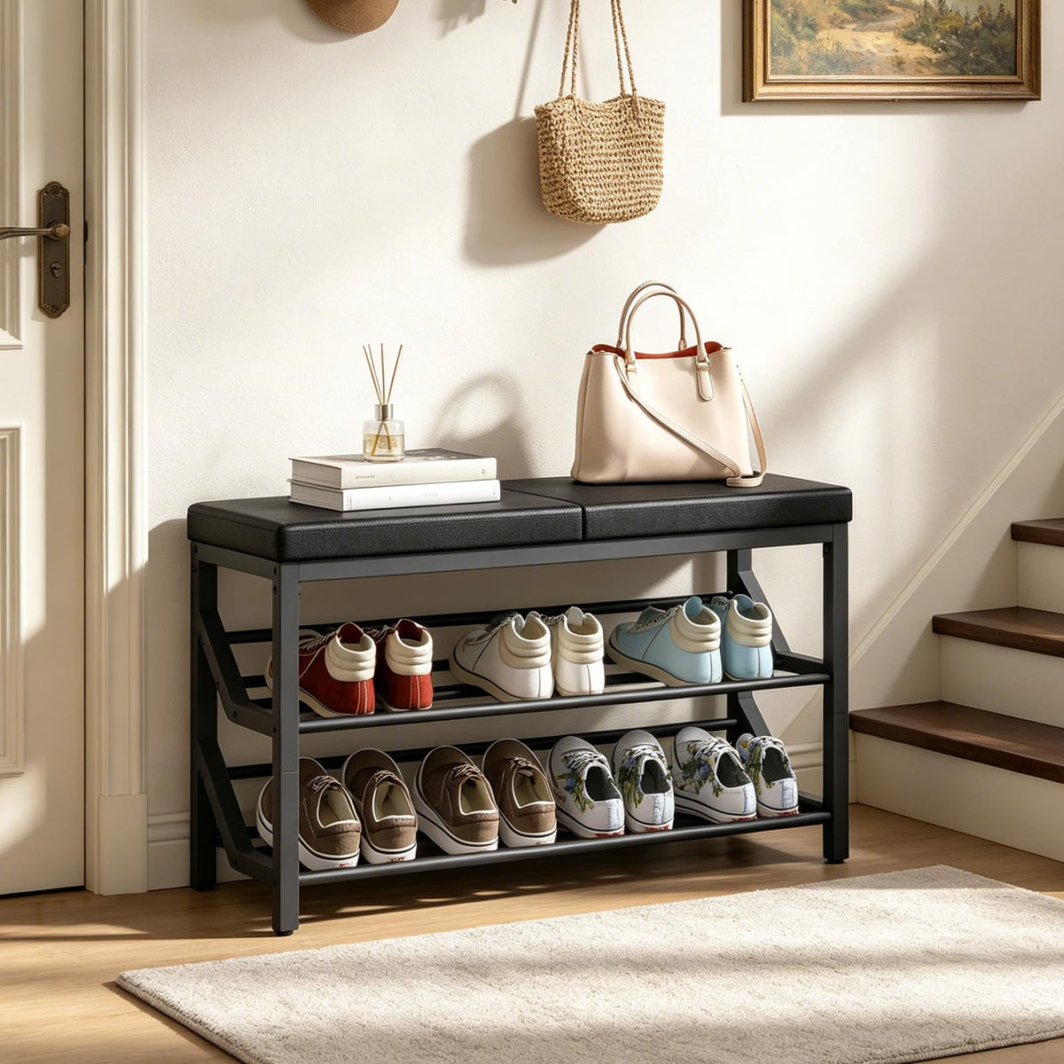 Black Shoe Bench with PU Leather Cushion and 2 Slanted Shoe Shelves