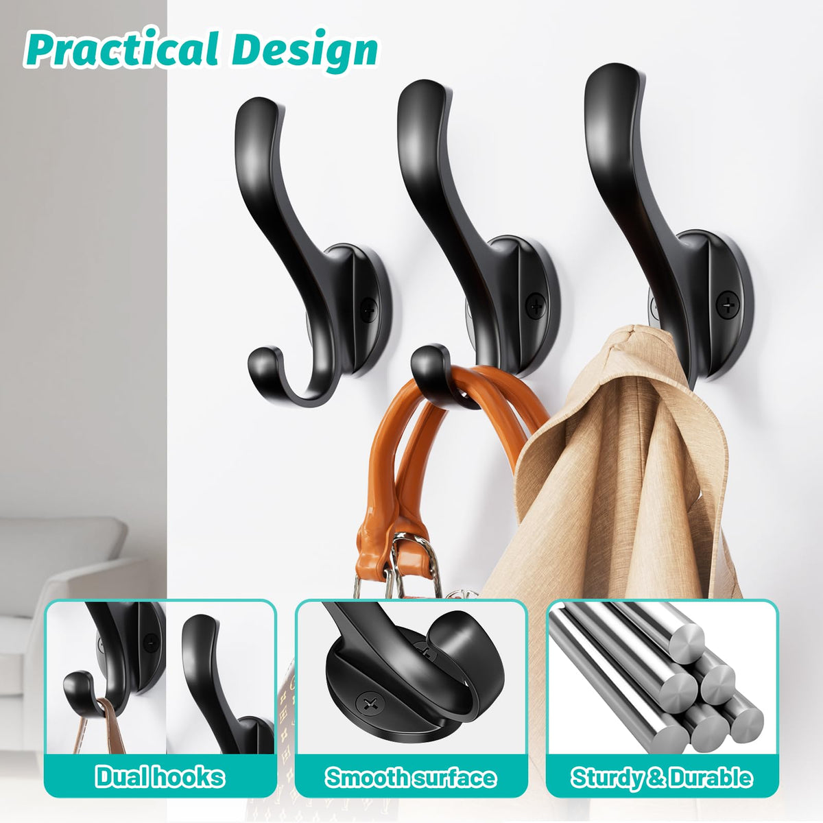 Heavy Duty Screw-In Coat Hooks, 10 Pack, Matte Black Metal