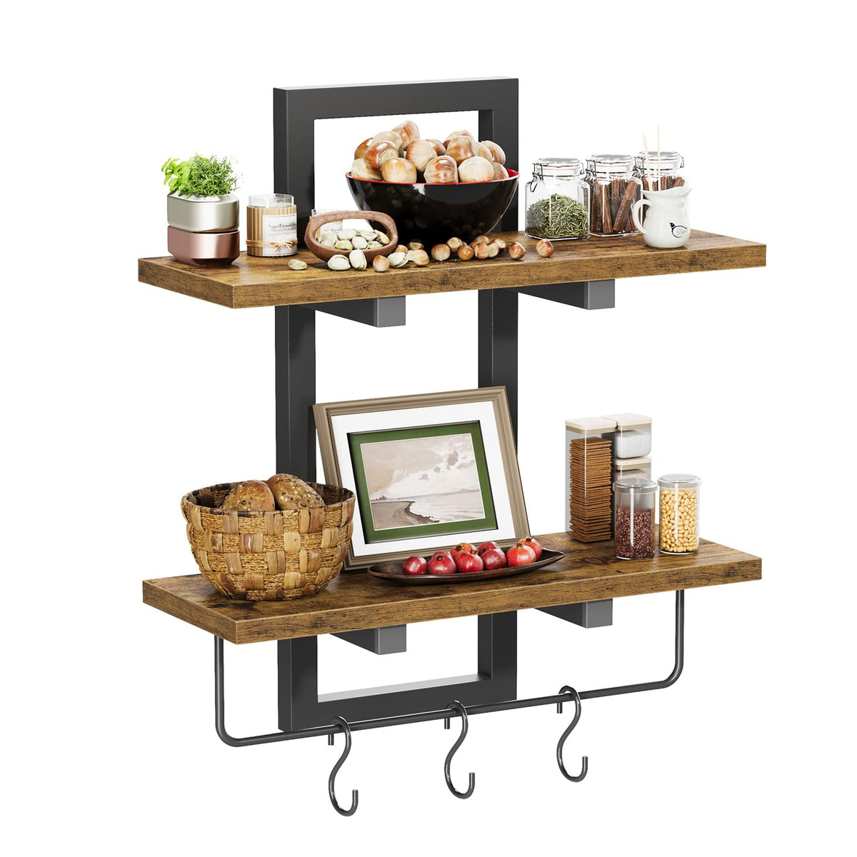 2 Tier Hanging Wall Shelves with 6 Hooks, Set of 2, Rustic Brown