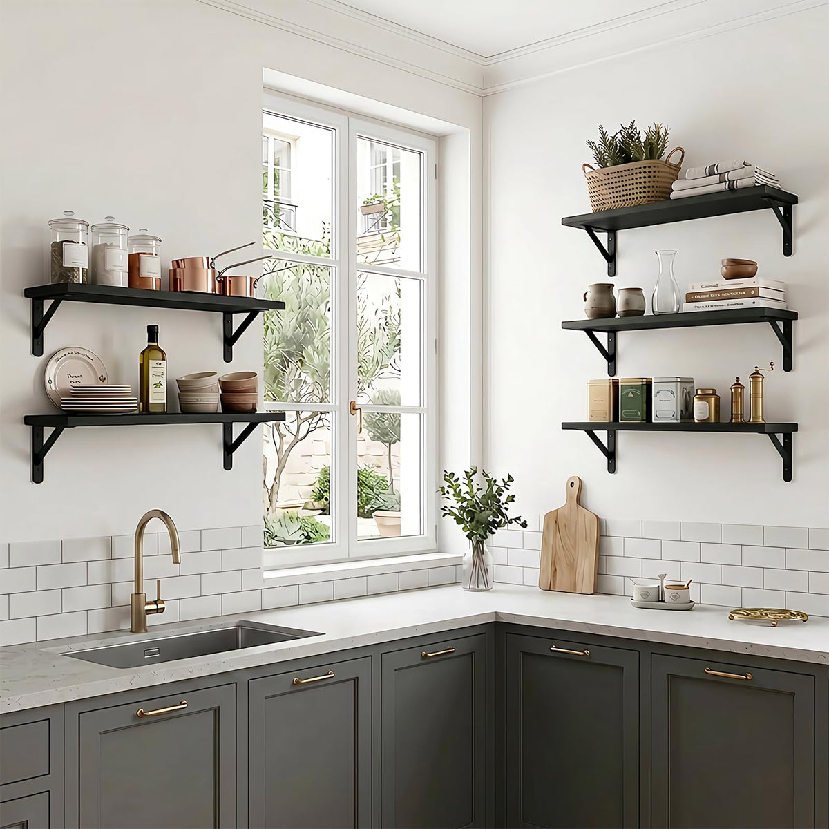 Black Floating Shelves, Set of 5, 16.5 Inch Wood Wall Shelves