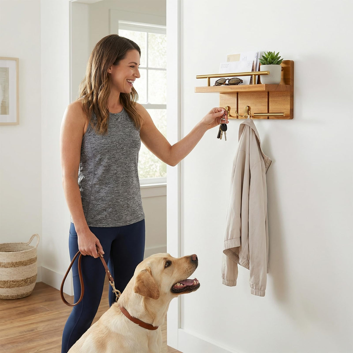 Compact Teak Key Rack with Floating Shelf, 9.8 Inch, Gold Hooks