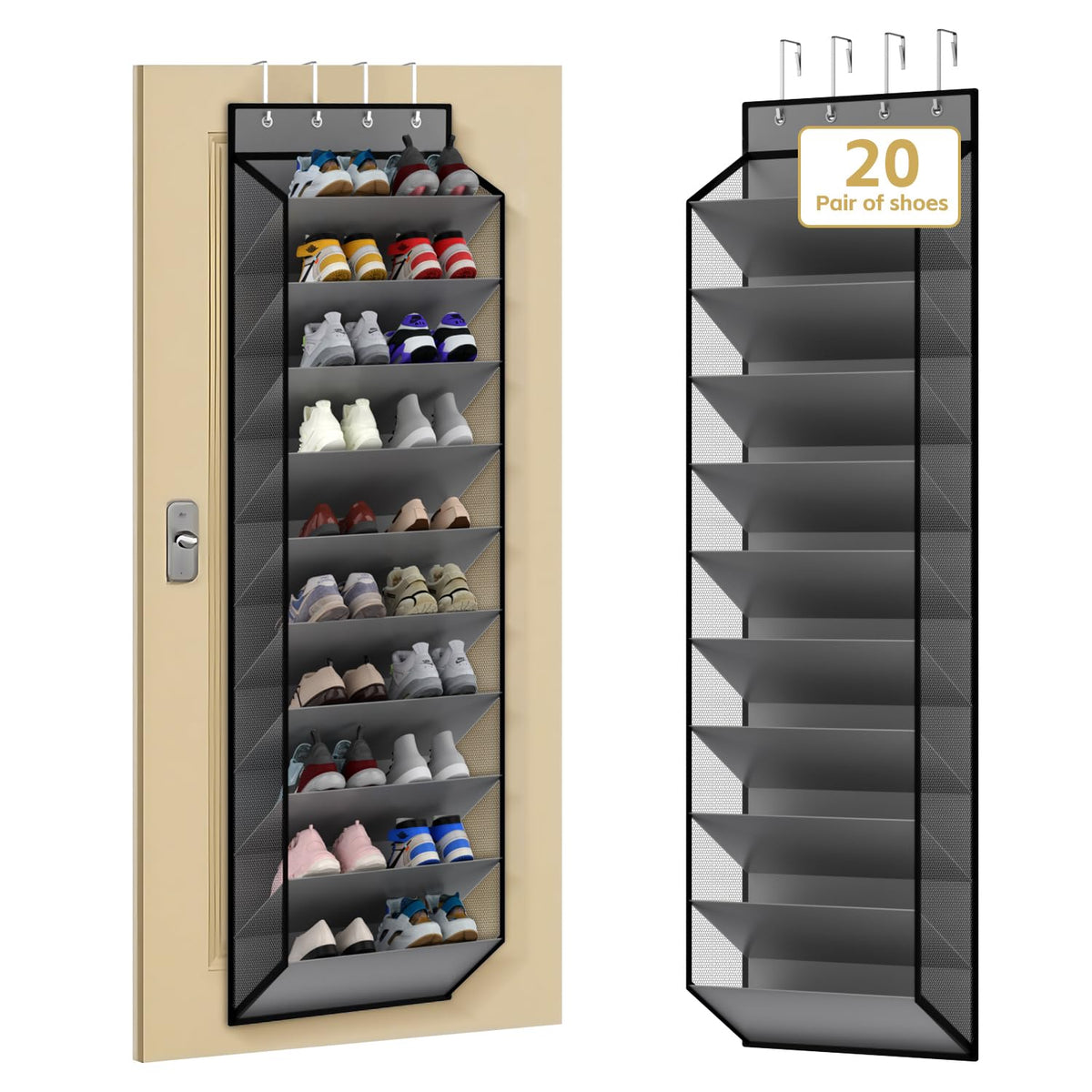 Grey Mesh Over the Door Shoe Holder, 10 Tiers, 20 to 30 Pairs