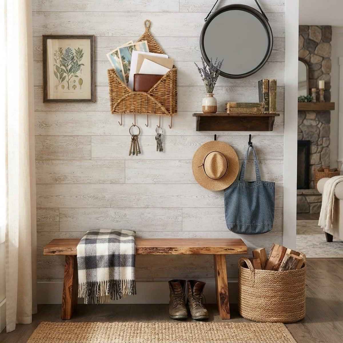 Rattan Wall Key Holder with 5 Hooks and Mail Slot, Natural