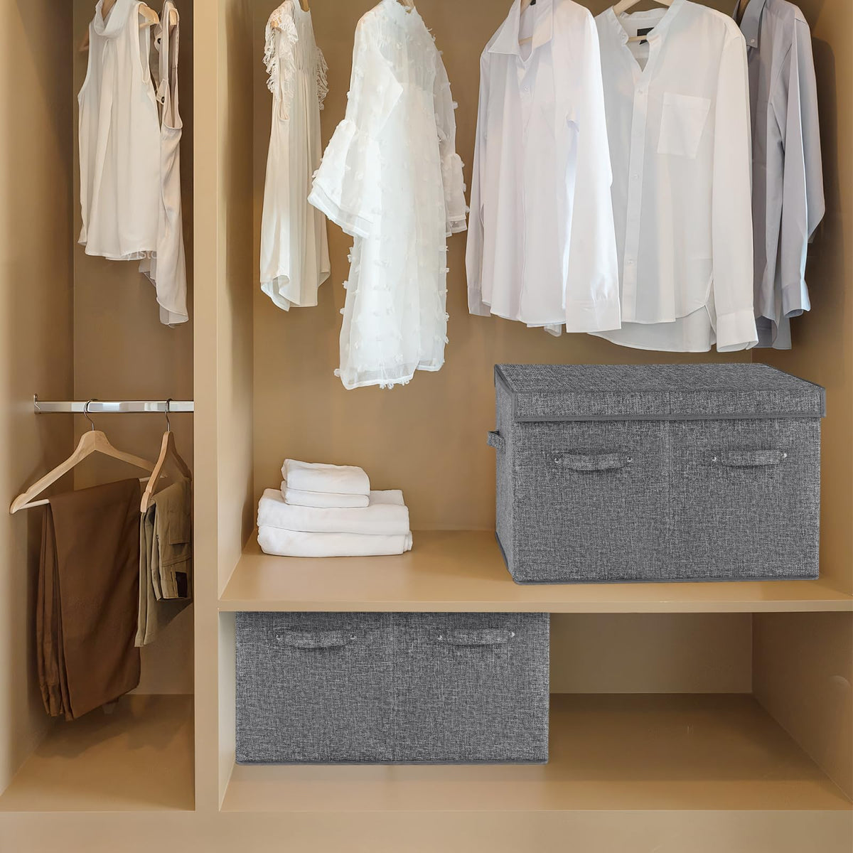 Fabric Shoe Storage Box with Lid, Holds 16 Pairs, Grey
