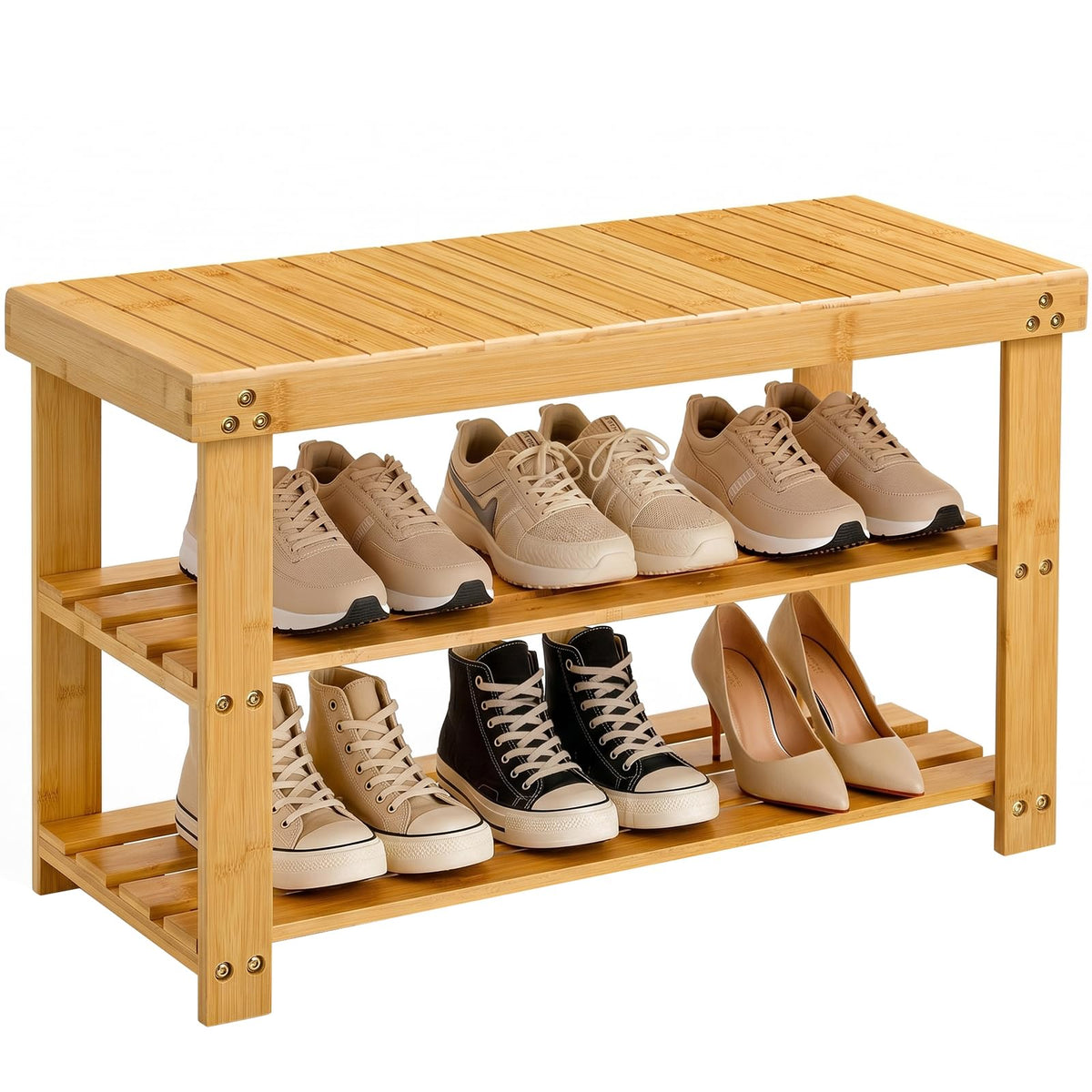 Natural Bamboo Shoe Rack Bench, 3 Tier, 27.56 Inch