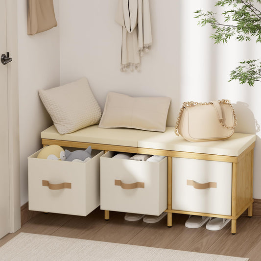 Bamboo Storage Bench with 3 Drawers and Cushion, 43.3 Inch, Natural