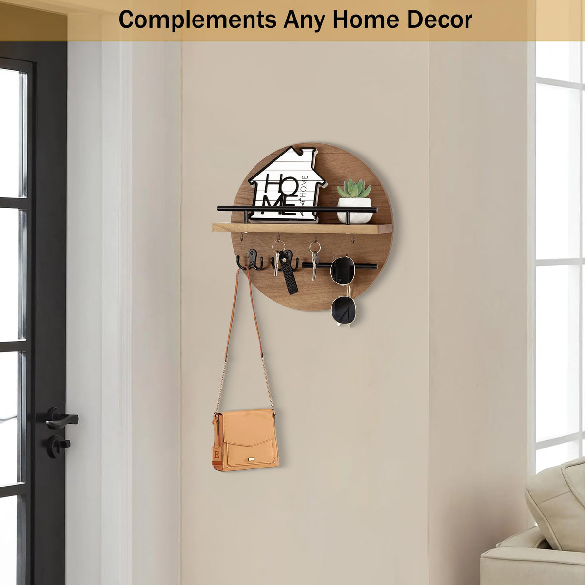 Rustic Brown Wall Mail Organizer with Key Hooks and Shelf