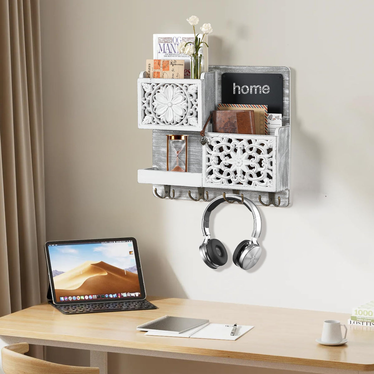 White Wall Mail Organizer with Chalkboard and 8 Hooks