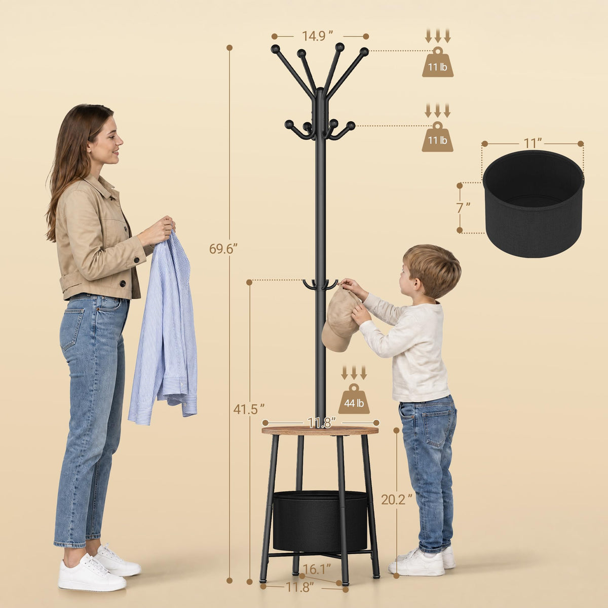 Freestanding Coat Stand with 12 Hooks and Storage Basket, 69.6 Inch Tall
