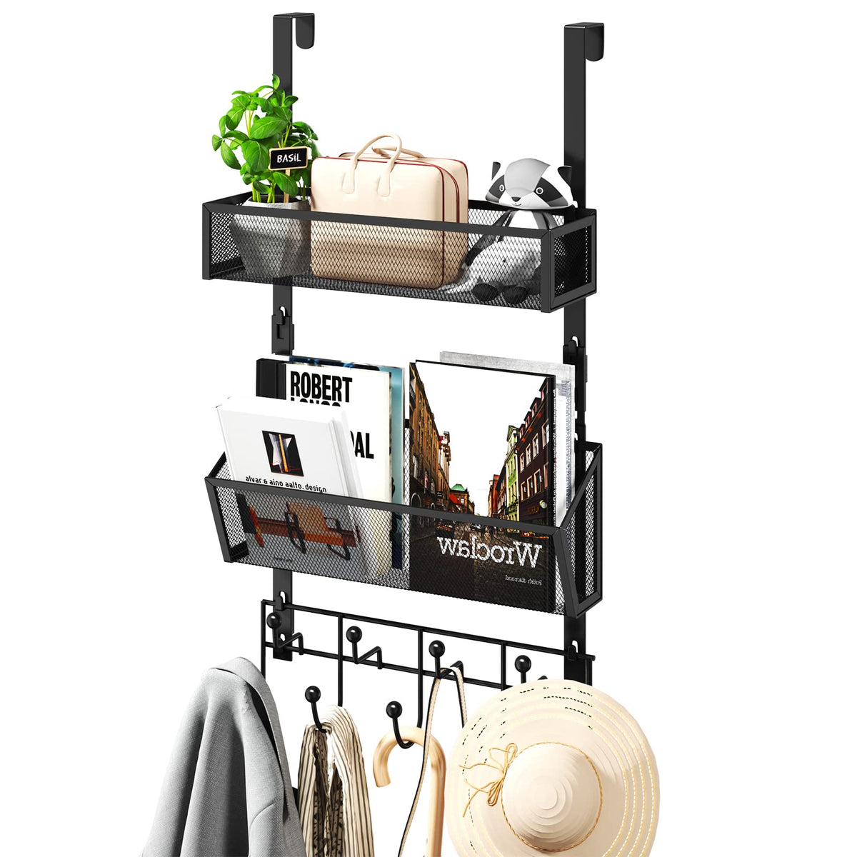 Black Over the Door Organizer, 9 Hooks and 2 Baskets, 304 Stainless Steel