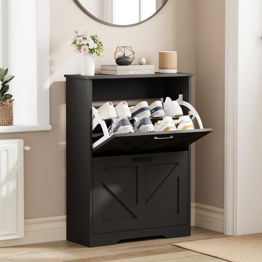Black Barn Door Shoe Cabinet, 2 Flip Drawers, 9.5 Inch Deep