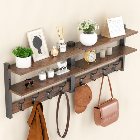 2 Tier Rustic Brown Wall Shelf with 8 Double Hooks, 33 Inch