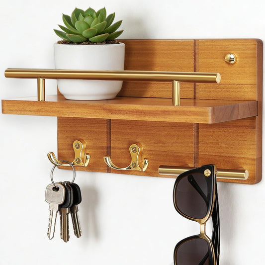 Compact Teak Key Rack with Floating Shelf, 9.8 Inch, Gold Hooks