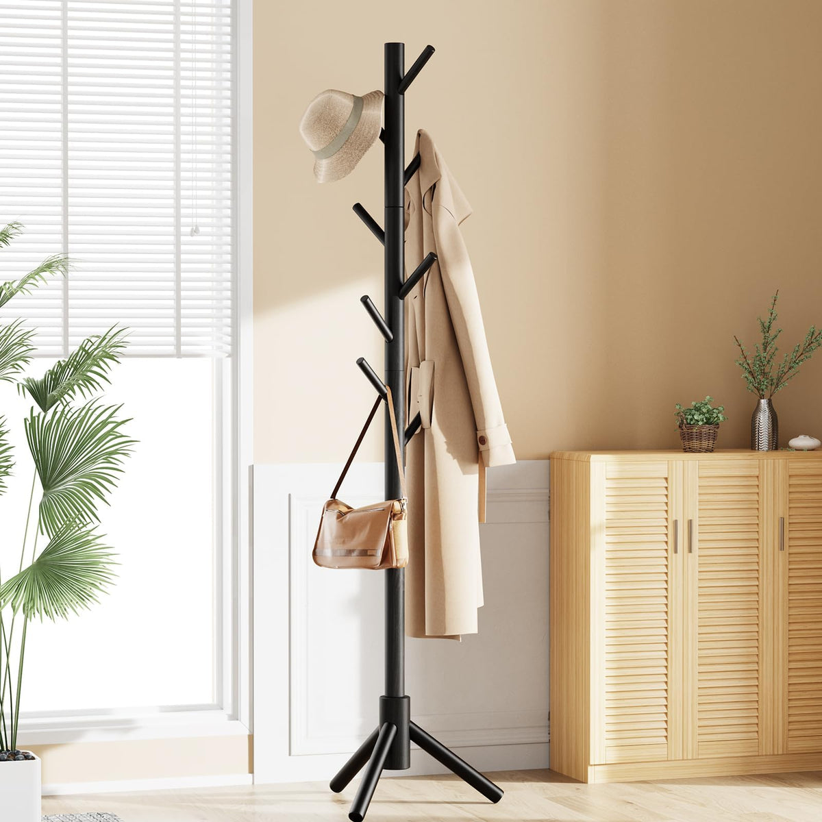 Solid Wood Standing Coat Rack, 8 Hooks, Adjustable Height, Black