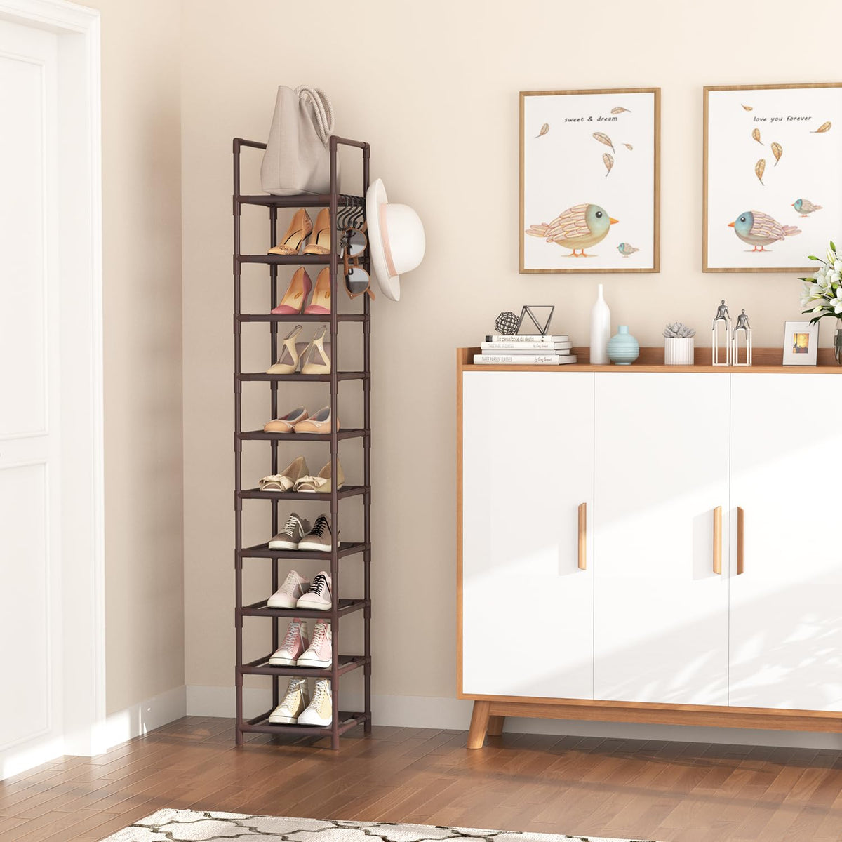Brown 10 Tier Vertical Shoe Tower, Skinny Rack for 10 to 15 Pairs
