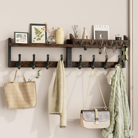 35 Inch Wall Coat Rack with Shelf, 7 Coat Hooks and 4 Key Hooks, Rustic