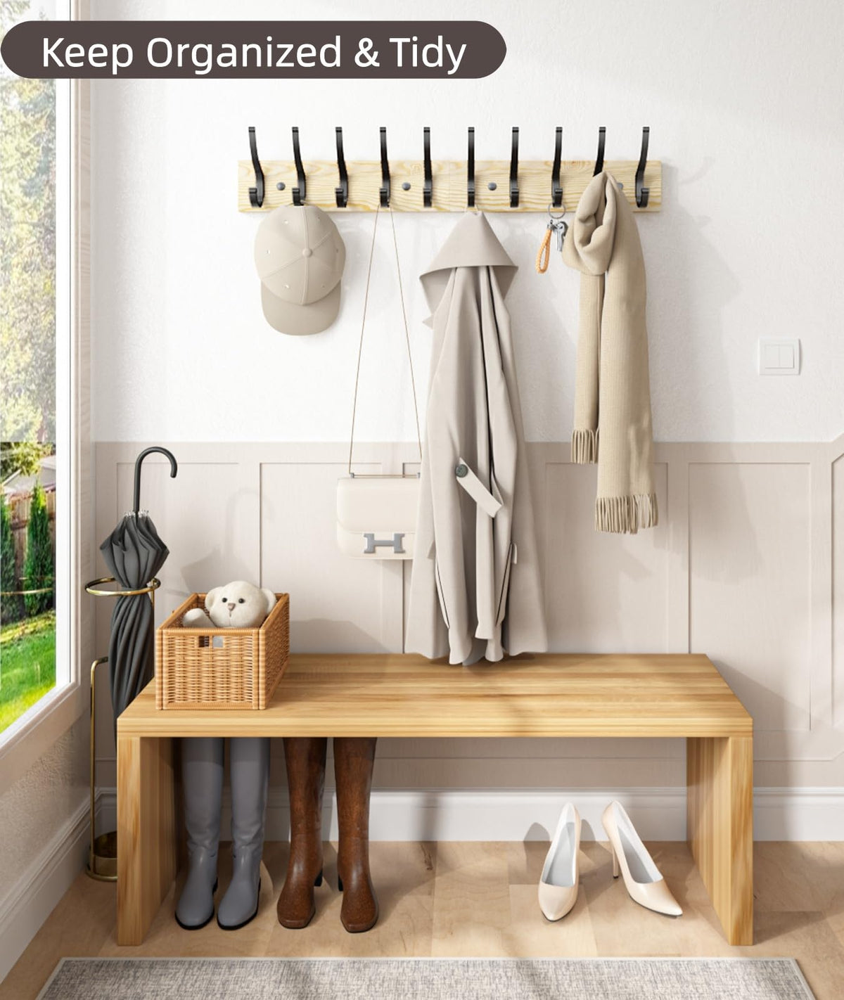 Rustic Wood Double Hook Coat Racks, 2 Pack, 16.5 Inch, Natural Wood