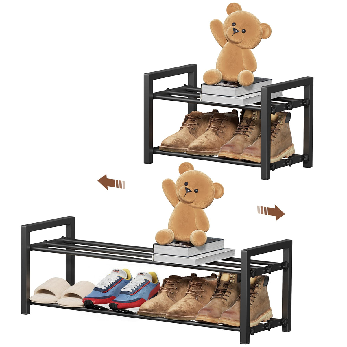 Expandable Metal Shoe Organizer with 3 Support Tubes, Black, for Closet