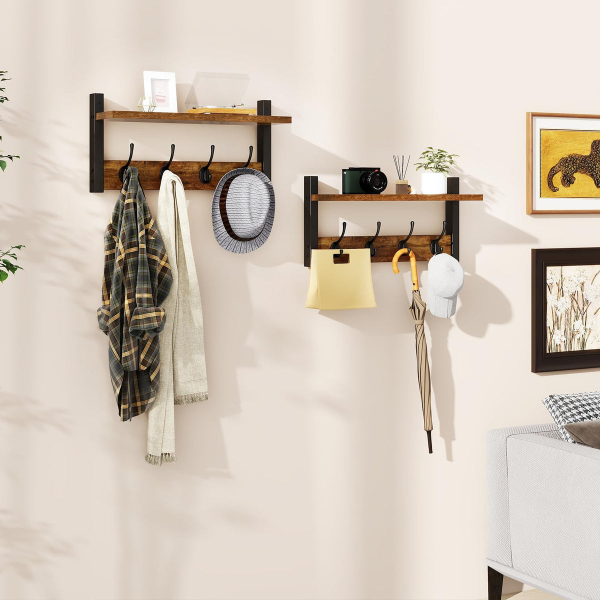 Wall Mounted Coat Rack with Shelf, 2 Pack, 8 Hooks Each, Rustic Brown