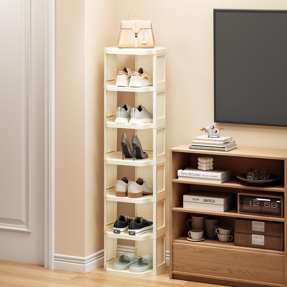 White 10 Tier Narrow Shoe Stand, Stackable Plastic Shoe Organizer