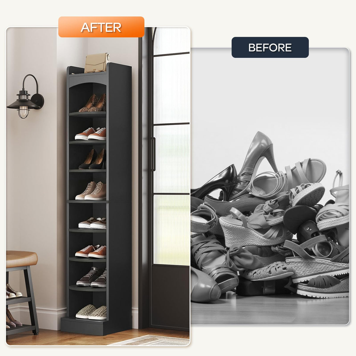 9 Tier Tall Shoe Rack, Narrow Black Wood Shelf, Holds 9 Pairs