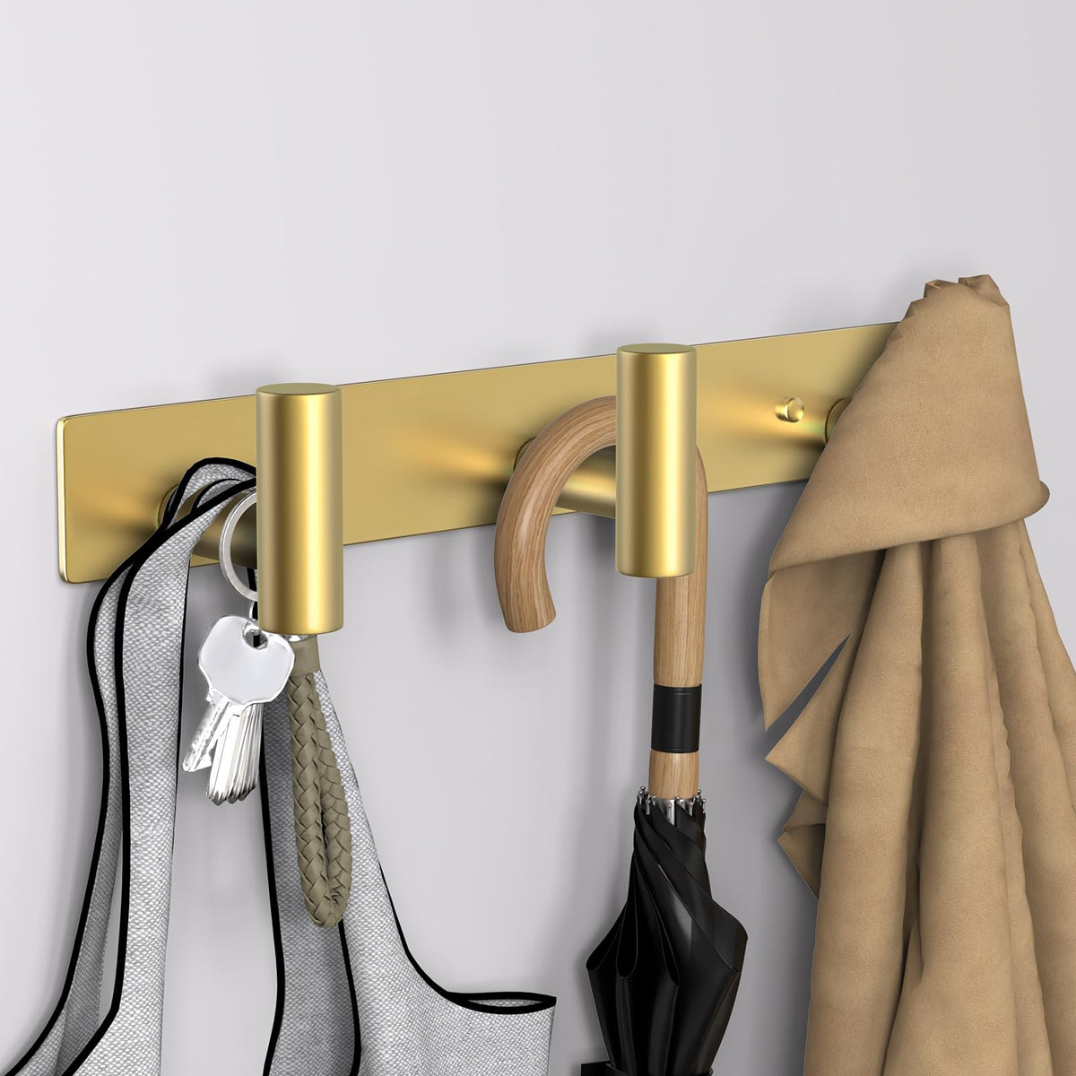Gold T Shape Wall Hook Rack, 3 Hooks, 11.8 Inch Stainless Steel