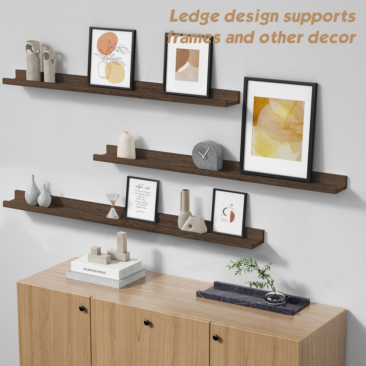 Dark Brown Wood Picture Ledge Shelves, 48 Inch, Set of 4