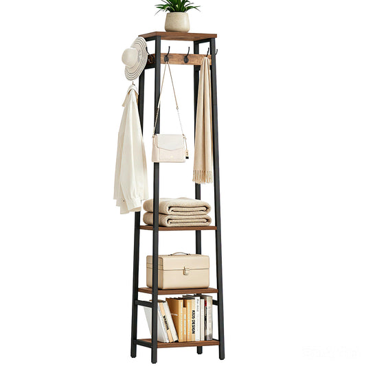 Freestanding Coat Rack with 3 Shelves and 7 Hooks, Rustic Brown