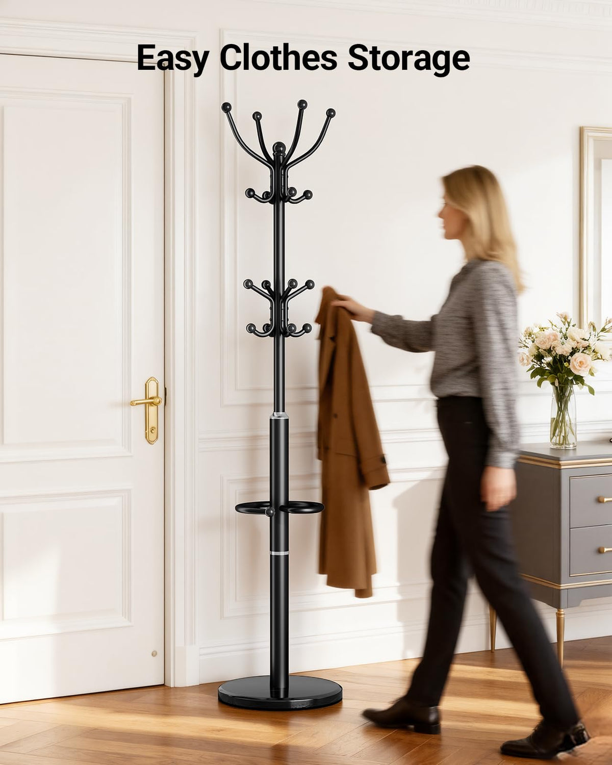 Black Metal Coat Rack with Marble Base, 16 Hooks and Umbrella Holder