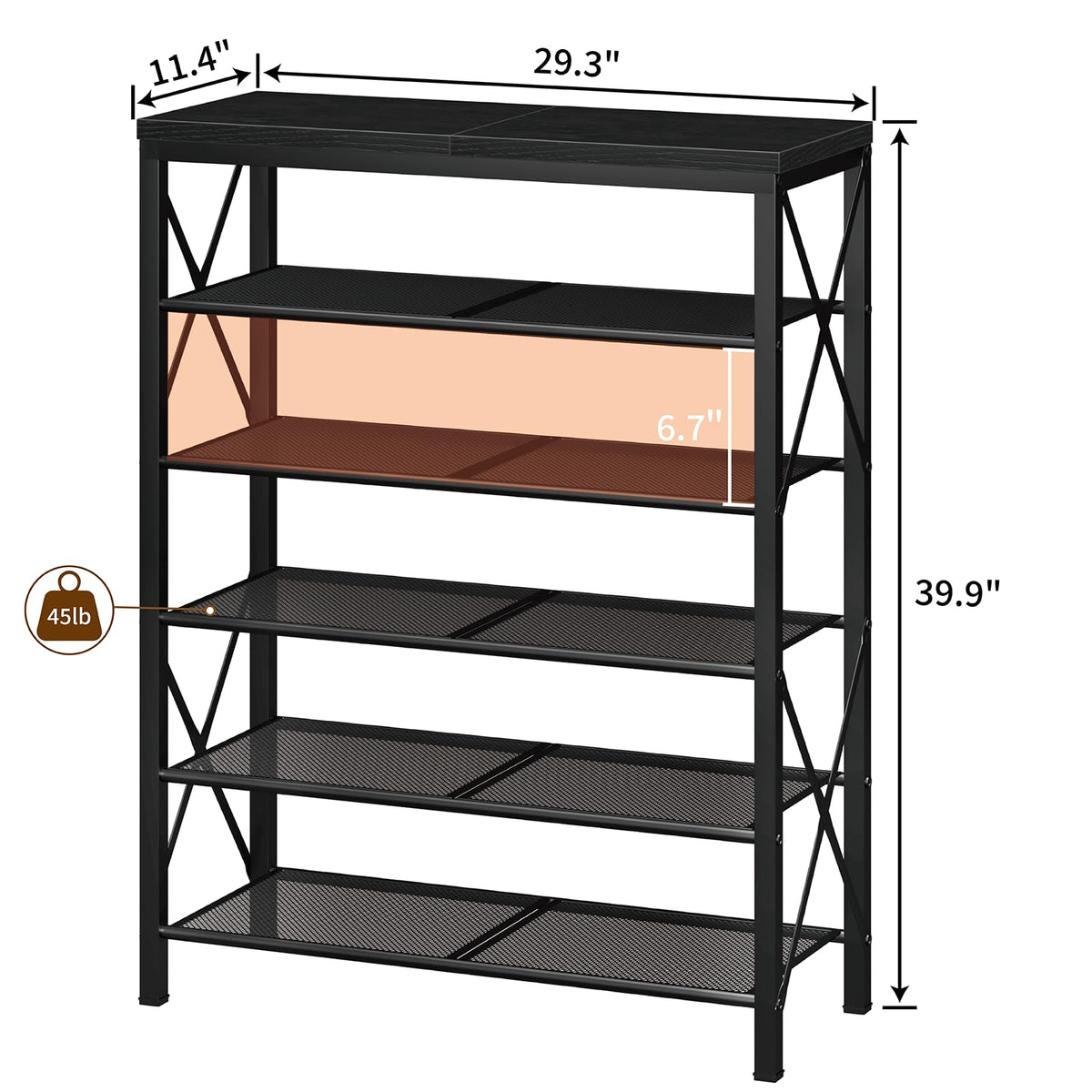 6-Tier Metal Shoe Organizer with Wood Top and Mesh Shelves, Black