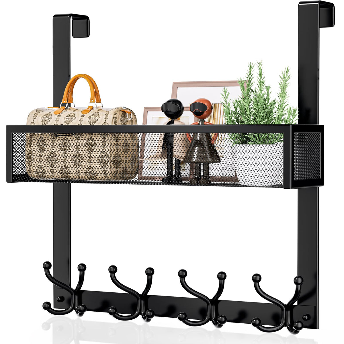 2 Tier Over the Door Organizer with 16 Hooks and 2 Mesh Baskets, Black