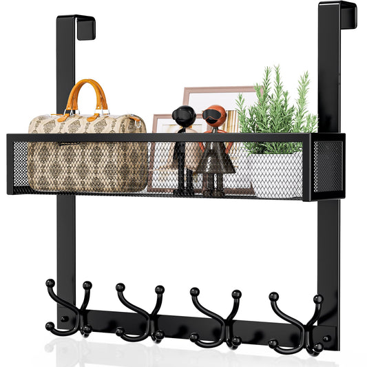 2 Tier Over the Door Organizer with 16 Hooks and 2 Mesh Baskets, Black