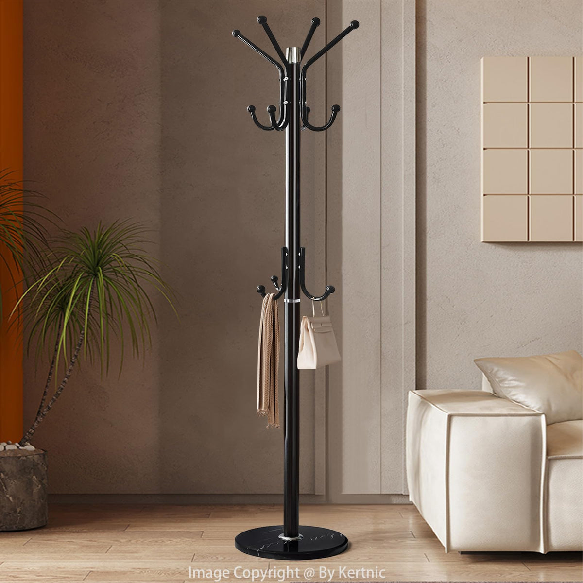 Metal Hall Tree Coat Rack, 11 Staggered Hooks, Marble Base, Black