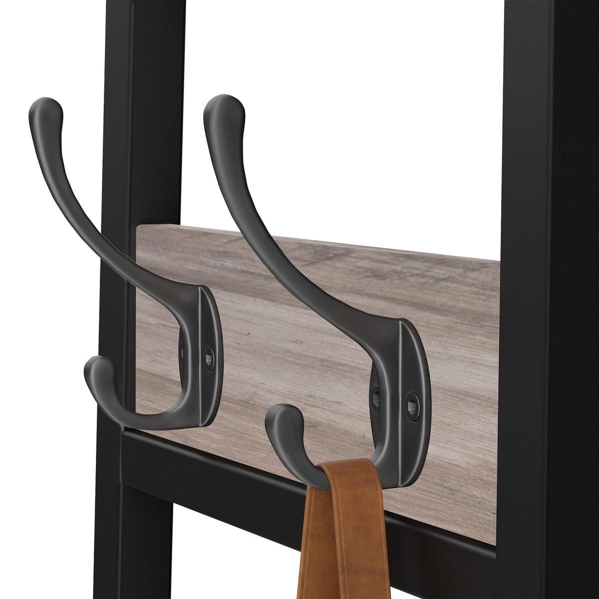 Hall Tree Coat Stand, 7 Hooks, 3 Tier Shelves, Greige and Black