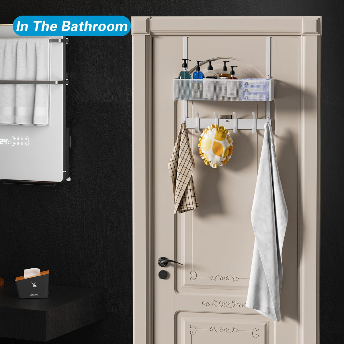 White Over the Door Hook Rack with Basket, 10 Flat Hooks, Holds 60 lb