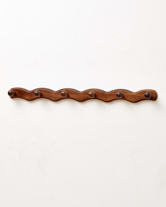 Wave Shaped Walnut Wood Coat Rack, Wall Mounted, 6 Hooks