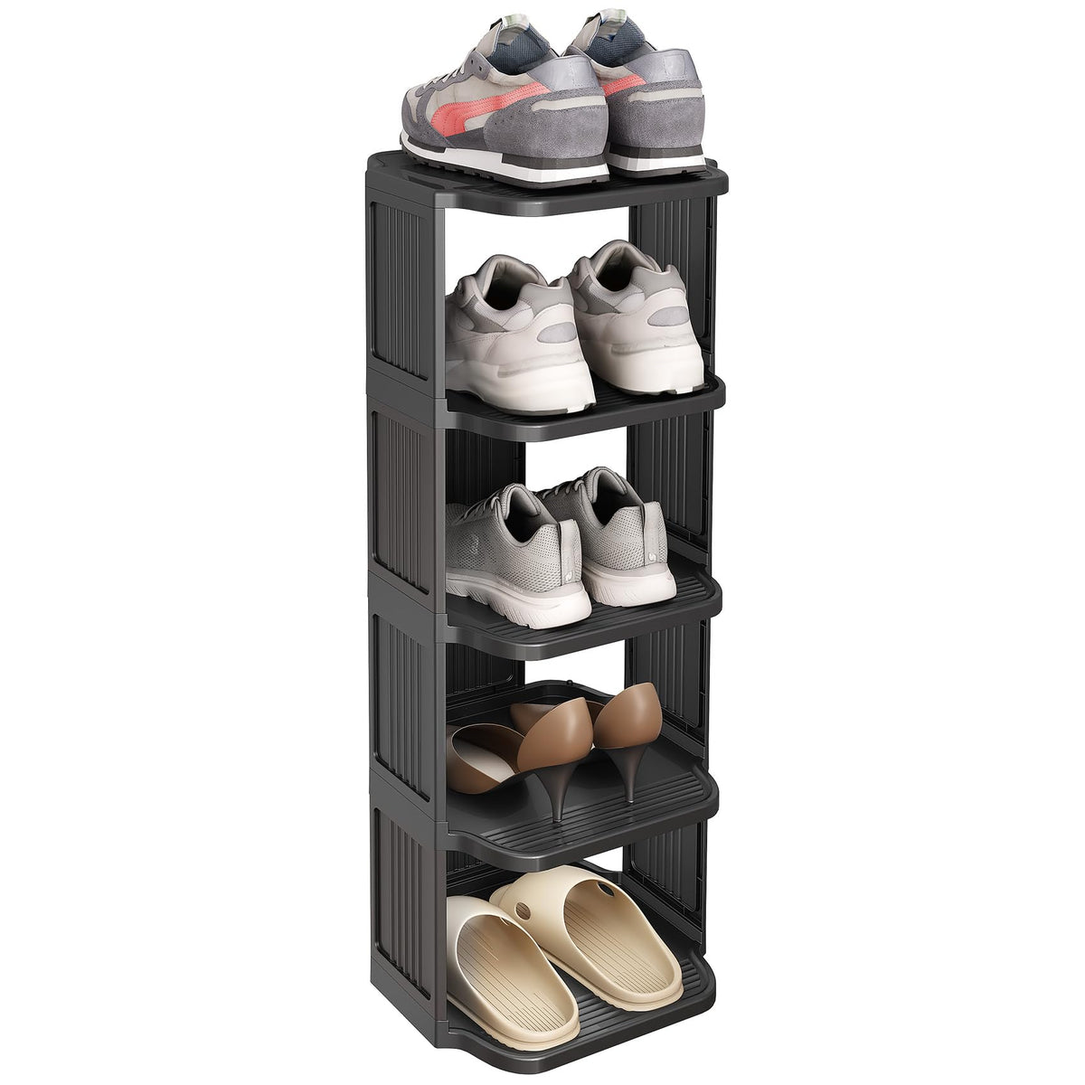 5 Tier Narrow Shoe Rack, Black Stackable Plastic Tower for Closets